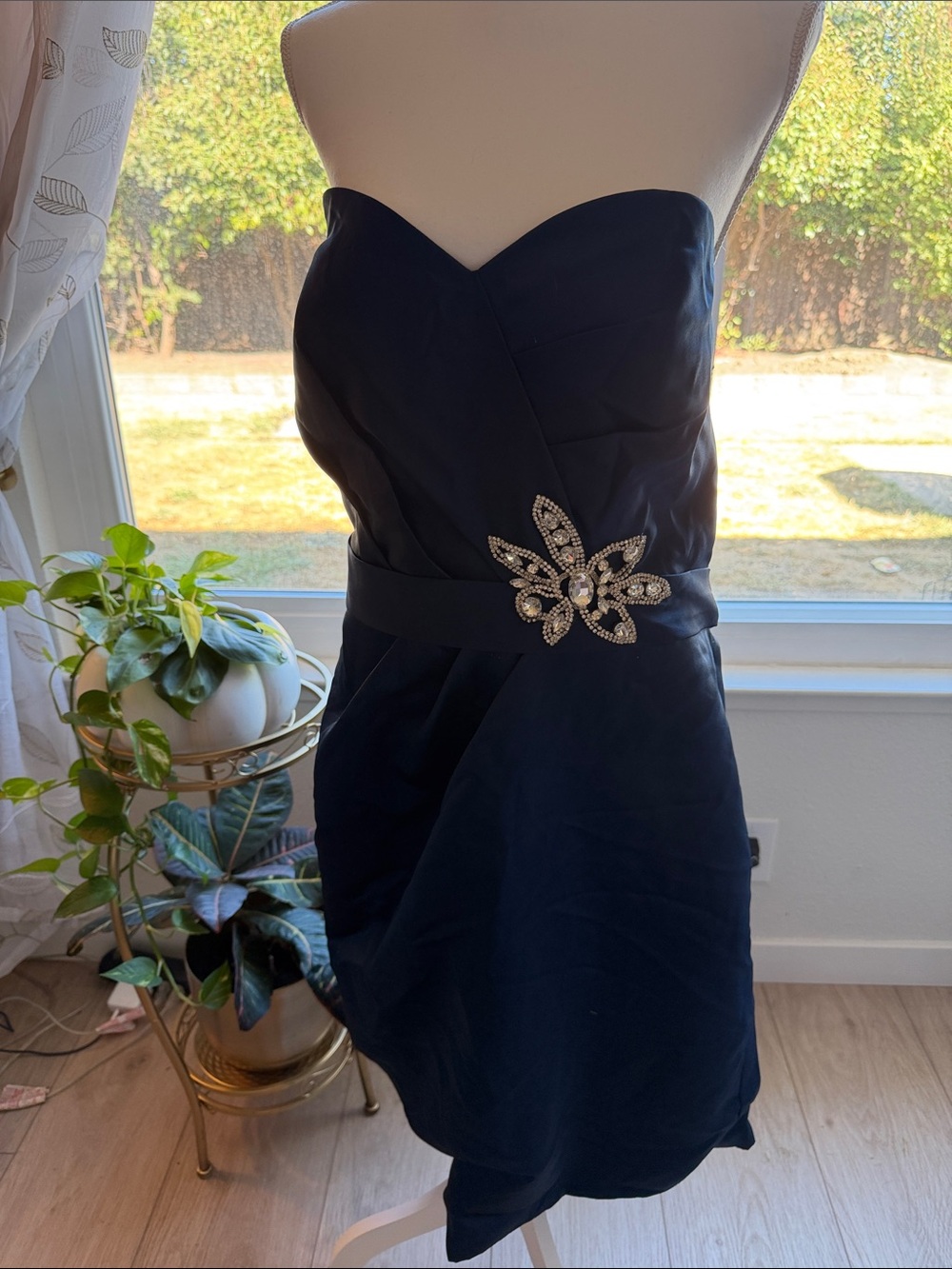 Strapless Navy Cocktail Dress with Jeweled Accent